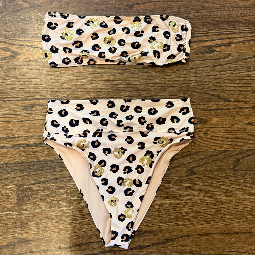 Beach Riot Highway Gold Leopard High Waisted Strapless Bandeau Bikini Size Large - Picture 3 of 8